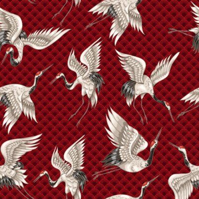 Papier peint à motif  Grues sur fond rouge à motifs