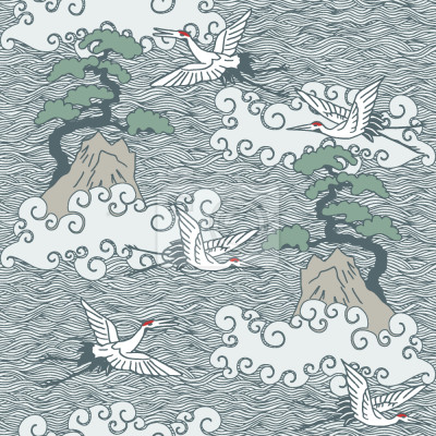 Papier peint à motif  Grues sur les collines d'Asie