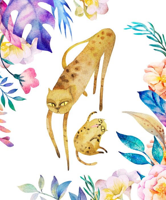 Papier peint à motif  Guépards aquarelles parmi les feuilles multicolores