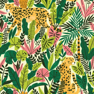 Papier peint à motif  Guépards dans une jungle colorée