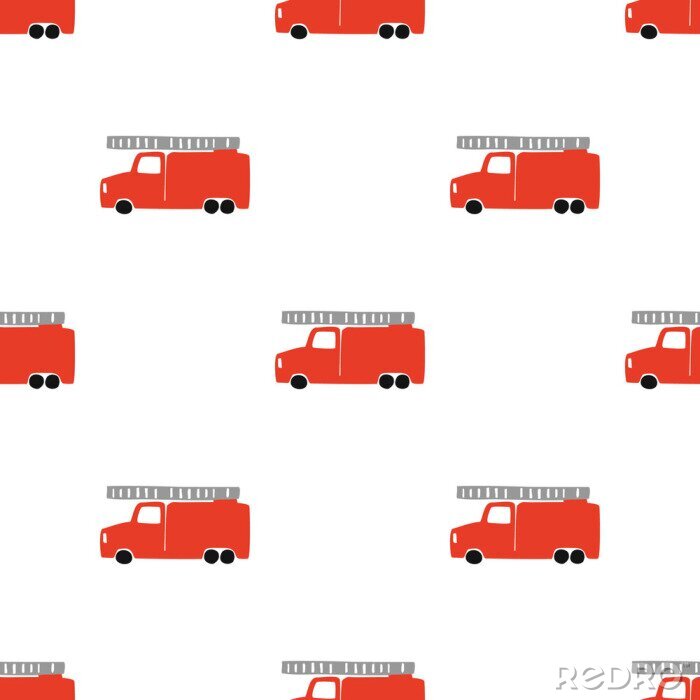Papier peint à motif  Hand Draw A Fire Truck Seamless Pattern. Vector Boyish Background in Scandinavian Style. Red fire Cute Cars Isolated on White Background. Print for Children's t-Shirt, Textile, packaging, cover