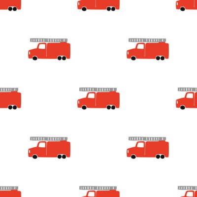 Papier peint à motif  Hand Draw A Fire Truck Seamless Pattern. Vector Boyish Background in Scandinavian Style. Red fire Cute Cars Isolated on White Background. Print for Children's t-Shirt, Textile, packaging, cover