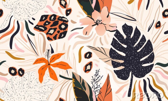 Papier peint à motif  Hand drawn abstract jungle pattern with leopard print. Creative collage contemporary seamless pattern. Natural colors. Fashionable template for design.