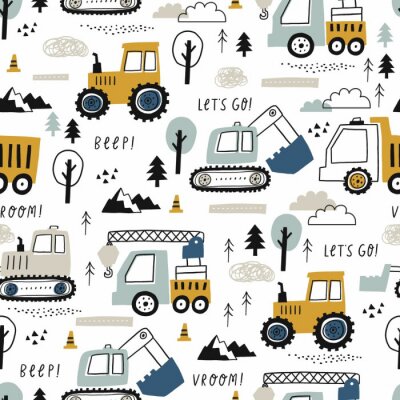 Papier peint à motif  Hand drawn cute cars - Truck, tractor, cargo crane, bulldozer, excavator. Seamless vector pattern with cute cars for fabric, textile and wallpaper design. Vector cars in scandinavian style