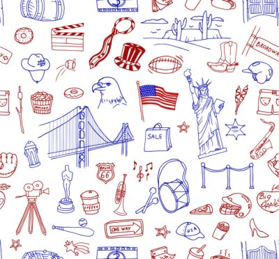 Hand-drawn doodle collection des différents objets américains, des bâtiments et des signes. Dessin d'icônes d'art de ligne.