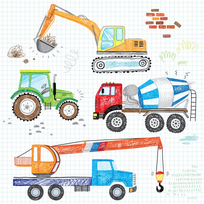 Papier peint à motif  hand drawn doodles construction boy trucks tractor excavator crane 