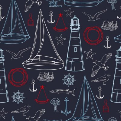 Papier peint à motif  Hand drawn nautical icon set. Vector  seamless pattern