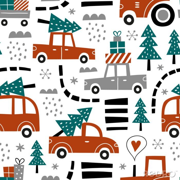 Papier peint à motif  Hand drawn seamless vector pattern with cute cars and Christmas trees. Perfect for fabric or wrapping paper. 