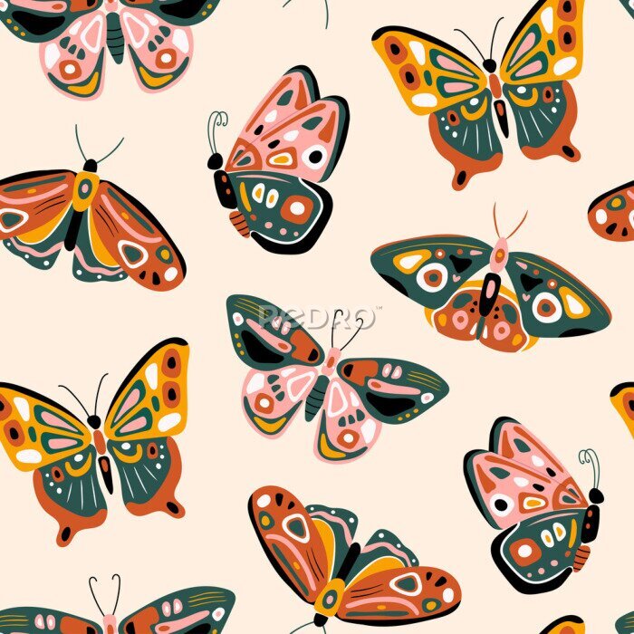 Papier peint à motif  Hand drawn various beautiful Butterflies. Colorful Vector seamless pattern. Top view. Side view. Pastel colors. Trendy illustration. Background texture. Wallpaper