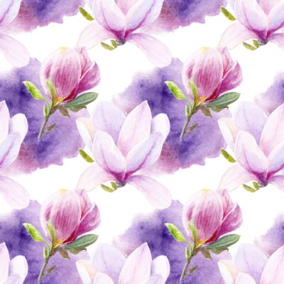 Papier peint à motif  Hand drawn watercolor magnolia seamless pattern with watercolor spine on white background.