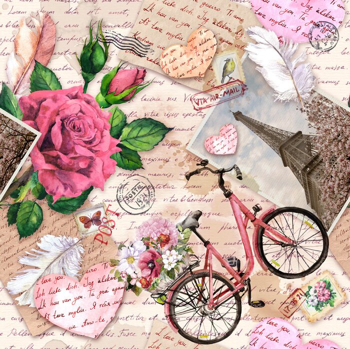 Papier peint à motif  Hand written letters, hearts, bicycle with flowers in basket, vintage photo of Eiffel Tower, rose flowers, postal stamps, feathers. Seamless pattern about love, France, Paris