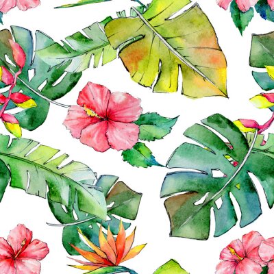 Papier peint à motif  Hawaï tropical dévoile un motif dans un style aquarelle. Aquarelle fleur sauvage pour l'arrière-plan, la texture, le motif de l'enveloppe, le cadre ou la bordure.