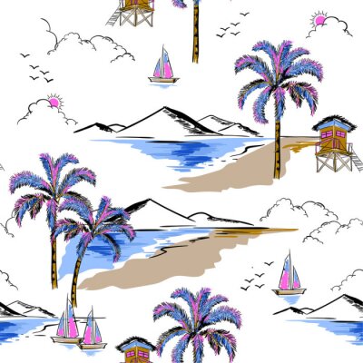 Papier peint à motif  Hawaiian branché en vecteur de modèle d'île sans soudure de couleur douce. Paysage avec palmiers, plage et océan vecteur style dessiné à la main