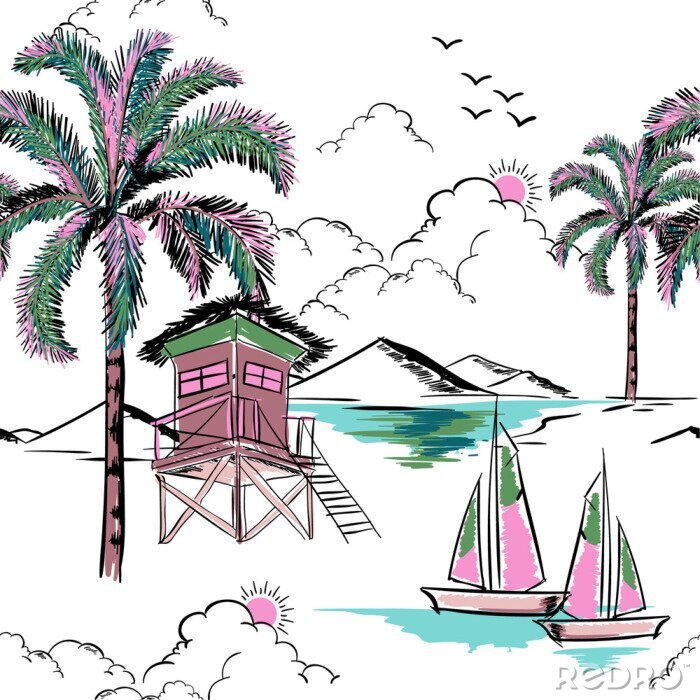 Papier peint à motif  Hawaiian branché en vecteur de modèle d'île sans soudure de couleur douce. Paysage avec palmiers, plage et océan vecteur style dessiné à la main