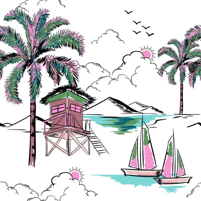 Papier peint à motif  Hawaiian branché en vecteur de modèle d'île sans soudure de couleur douce. Paysage avec palmiers, plage et océan vecteur style dessiné à la main