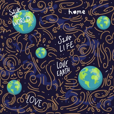Papier peint à motif  heart shaped earth. Cartoon globe. web icons green happy nature character. love ecology earth planet world map seamless pattern vector illustration. save the planet. motivation inscription
