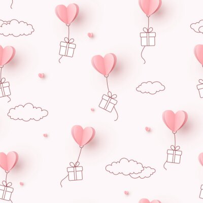 Papier peint à motif  Hearts balloons with gift box flying on pink sky background. Vector love seamless pattern for Happy Mother's or Valentine's Day greeting card design..