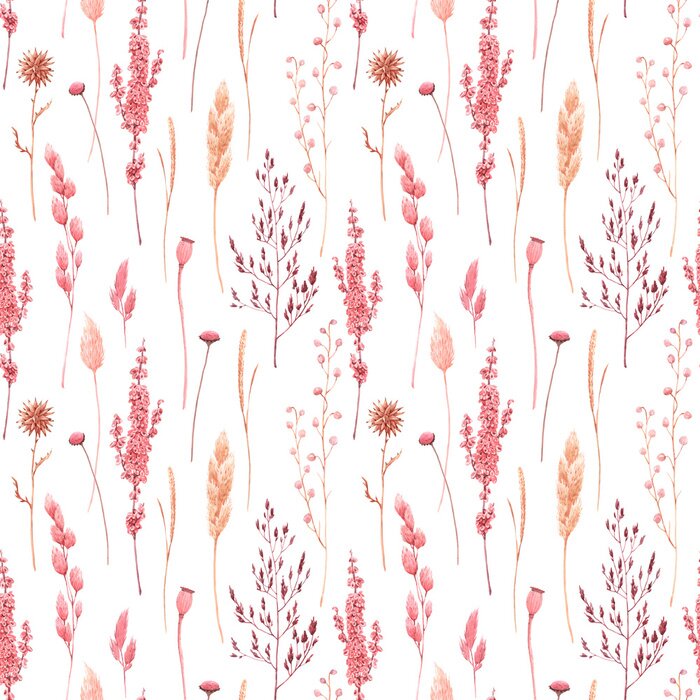 Papier peint à motif  Herbe de la pampa rose et jaune