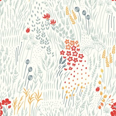 Papier peint à motif  Herbe et escargots de fleurs sauvages