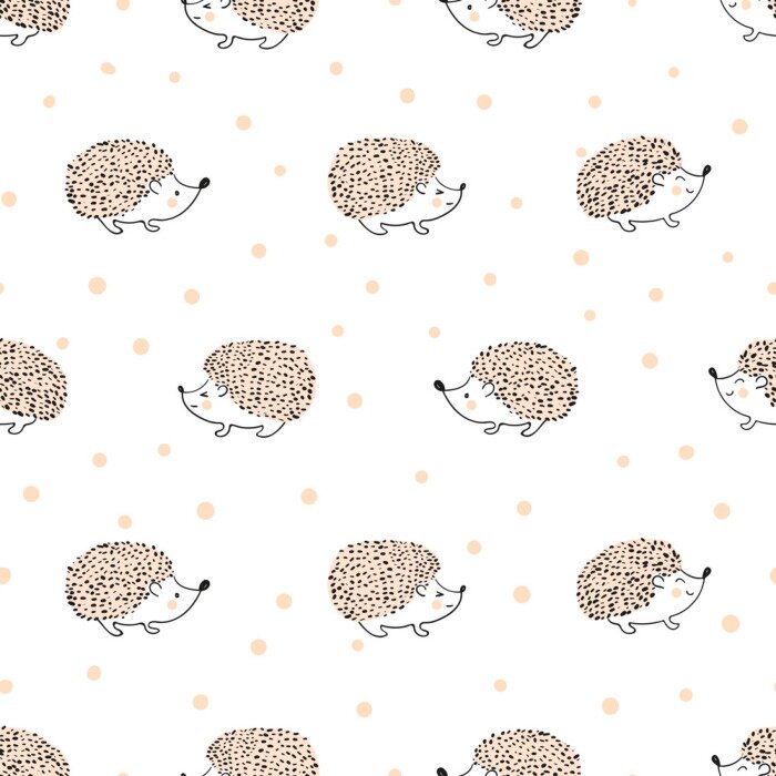Papier peint à motif  Hérissons et points sur un fond blanc