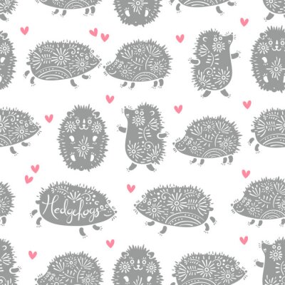 Papier peint à motif  Hérissons gris et cœurs roses