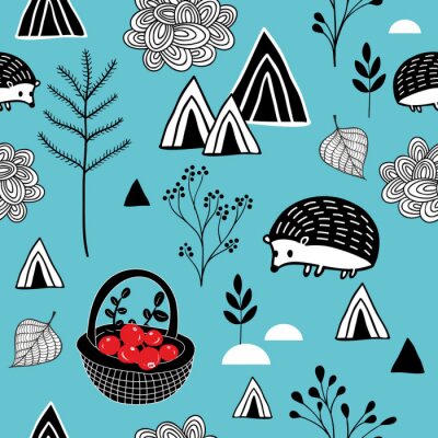 Papier peint à motif  Hérissons mignons parmi les cadeaux de la forêt
