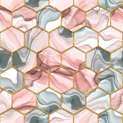 Hexagon seamless texture. Abstract gray and red trendy background