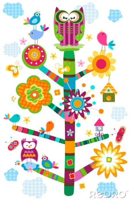 Papier peint à motif  Hibou sur un arbre coloré
