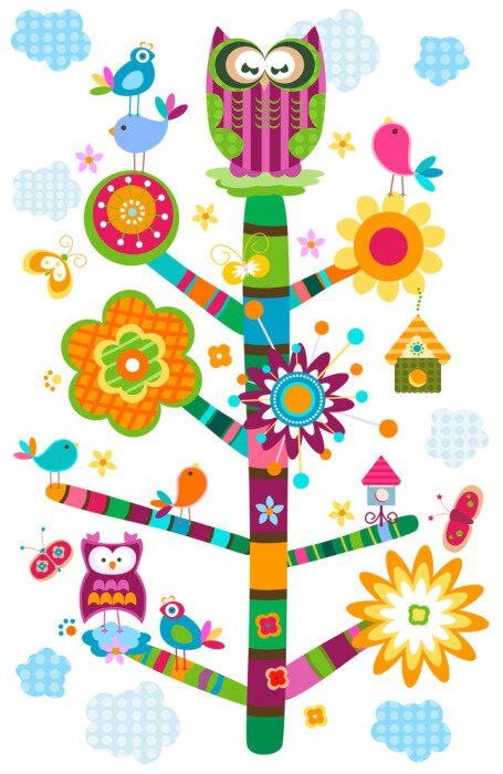 Papier peint à motif  Hibou sur un arbre coloré