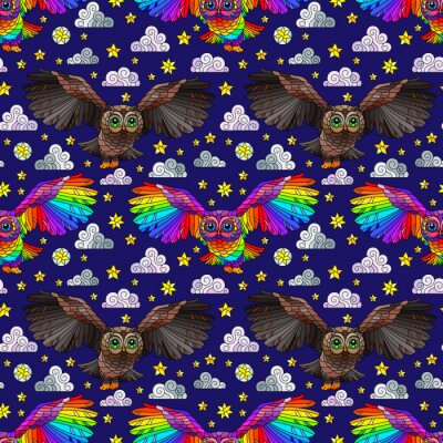 Papier peint à motif  Hiboux arc-en-ciel et bruns sur fond sombre