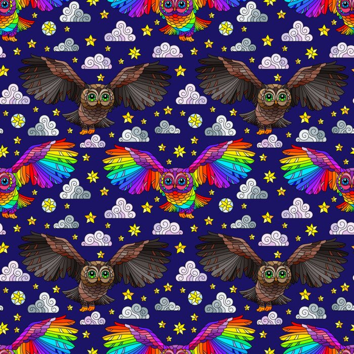 Papier peint à motif  Hiboux arc-en-ciel et bruns sur fond sombre