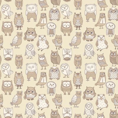 Papier peint à motif  Hiboux blancs et beiges de différentes formes