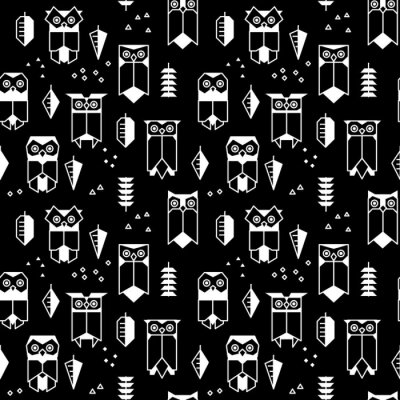 Papier peint à motif  Hiboux blancs géométriques sur fond noir