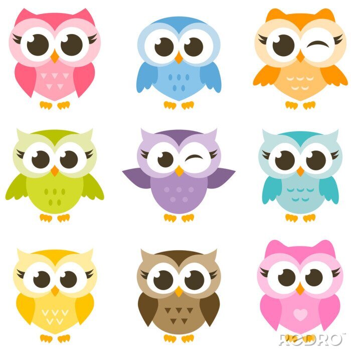 Papier peint à motif  Hiboux colorés avec de grands yeux