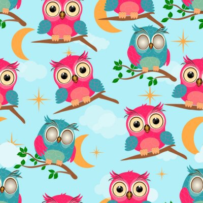Papier peint à motif  Hiboux colorés sur des brindilles