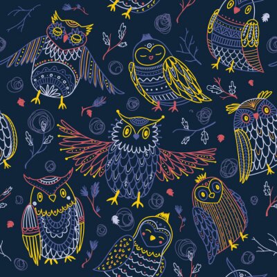 Papier peint à motif  Hiboux colorés sur fond blanc