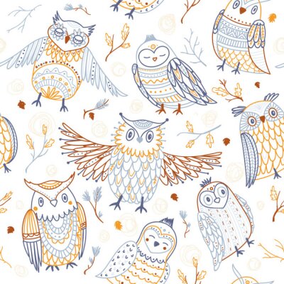 Papier peint à motif  Hiboux colorés sur fond blanc