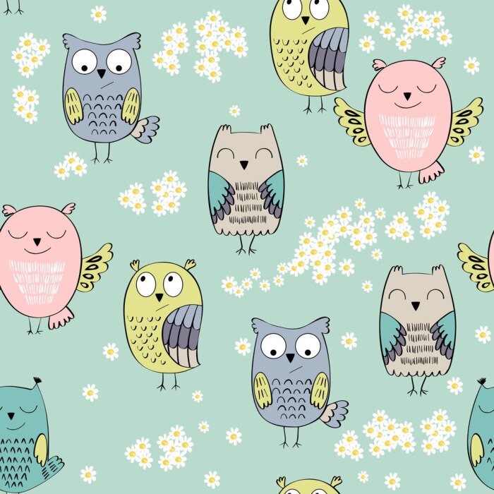 Papier peint à motif  Hiboux contents et fleurs