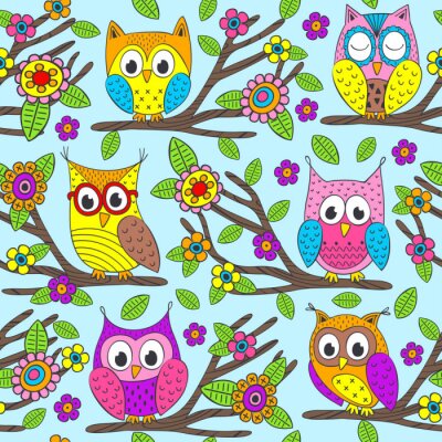 Papier peint à motif  Hiboux de bébé colorés de dessin animé