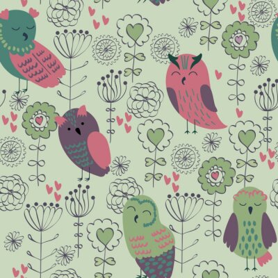 Papier peint à motif  Hiboux et fleurs avec des cœurs