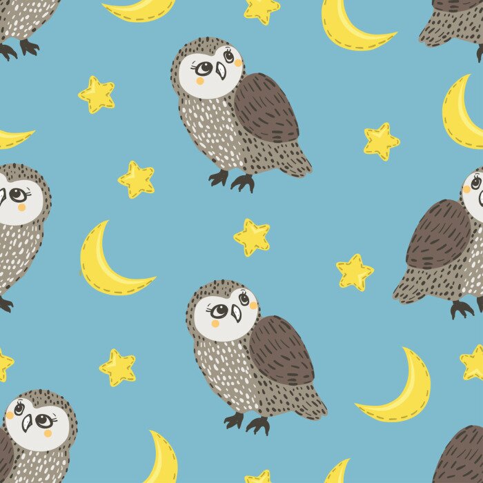 Papier peint à motif  Hiboux étoiles et lunes