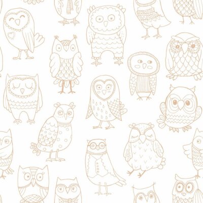 Papier peint à motif  Hiboux lumineux sur fond blanc