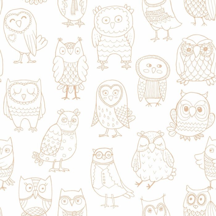 Papier peint à motif  Hiboux lumineux sur fond blanc