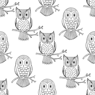 Papier peint à motif  Hiboux noirs et blancs esquissés