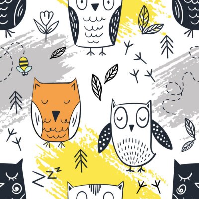 Papier peint à motif  Hiboux pour enfants avec abeilles et feuilles