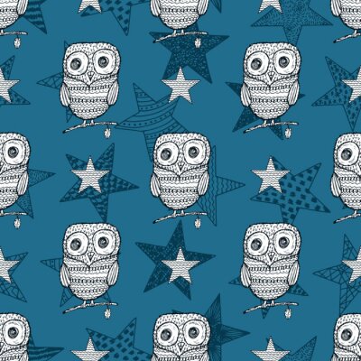 Papier peint à motif  Hiboux sur fond d'étoiles bleues