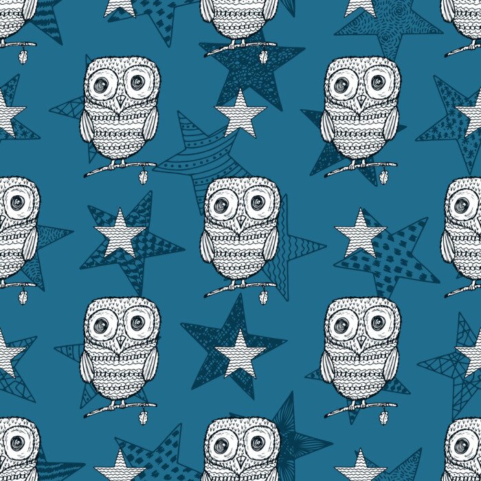 Papier peint à motif  Hiboux sur fond d'étoiles bleues