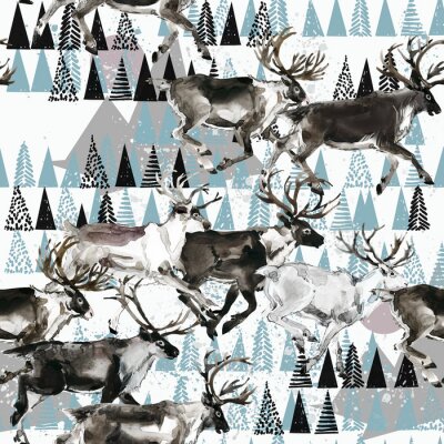 Papier peint à motif  hiver fond sans couture. cerf. Modèle arctique. Illustration aquarelle de nature polaire. La faune du nord. animal sauvage. renne.