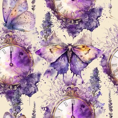 Papier peint à motif  Horloges et papillons