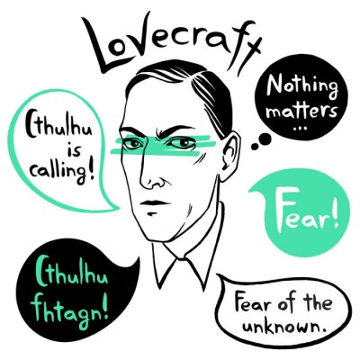Howard Phillips Lovecraft portrait avec des bulles et citations de célèbres écrivains, citations. Horreur fiction livre encre dessinée illustration vectorielle avec lettrage Fear! Cthulhu appelle.